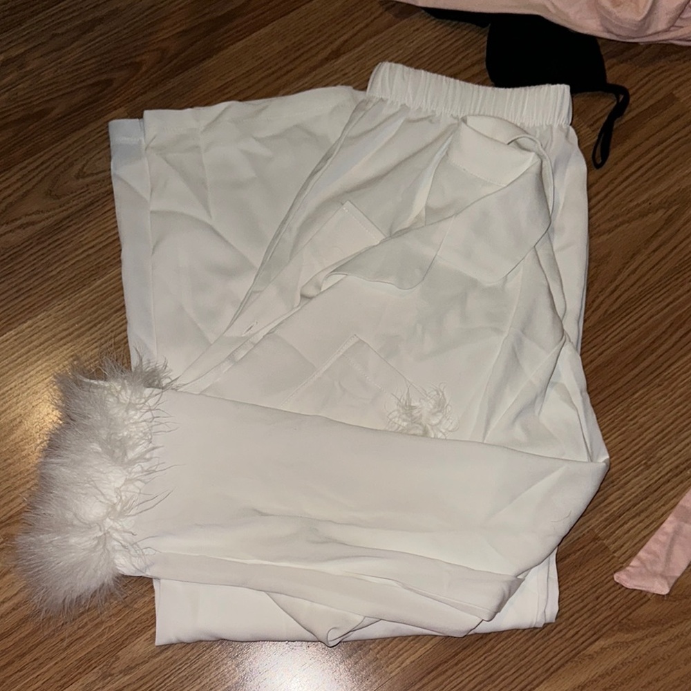 White Pajama Pants with Faux Fur Trim